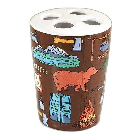 Campsite Toothbrush Holder Fishing Tent Camper Bears Brown Ceramic Gift NEW - Picture 1 of 3